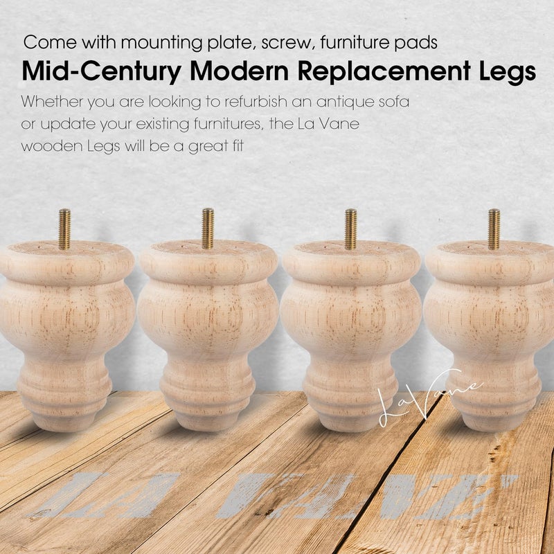 La Vane 3 inch / 8cm Unfinished Wooden Furniture Legs, 4PCS Soild Wood Turned Spindle Replacement Bun Feet with Pre-Drilled M8 Inch Bolt & Mounting Plate for Sofa Couch Chair Ottoman - Image 2